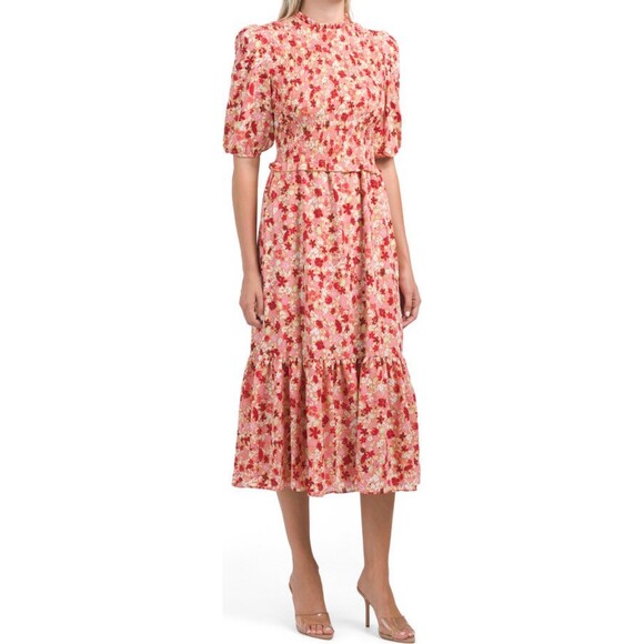 Nanette Lepore Smocked Floral Printed Red + Pink Midi Dress, size 10 - Picture 1 of 6